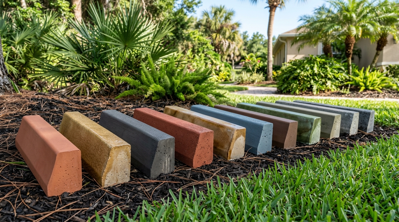 Variety of colored and stained concrete curbing samples showing different hues and finishes