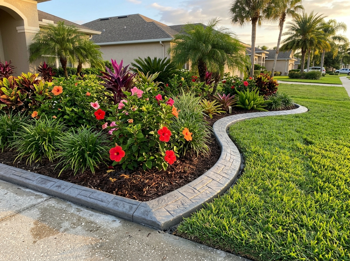 Decorative concrete curbing around a flower bed in Lakeland, Florida