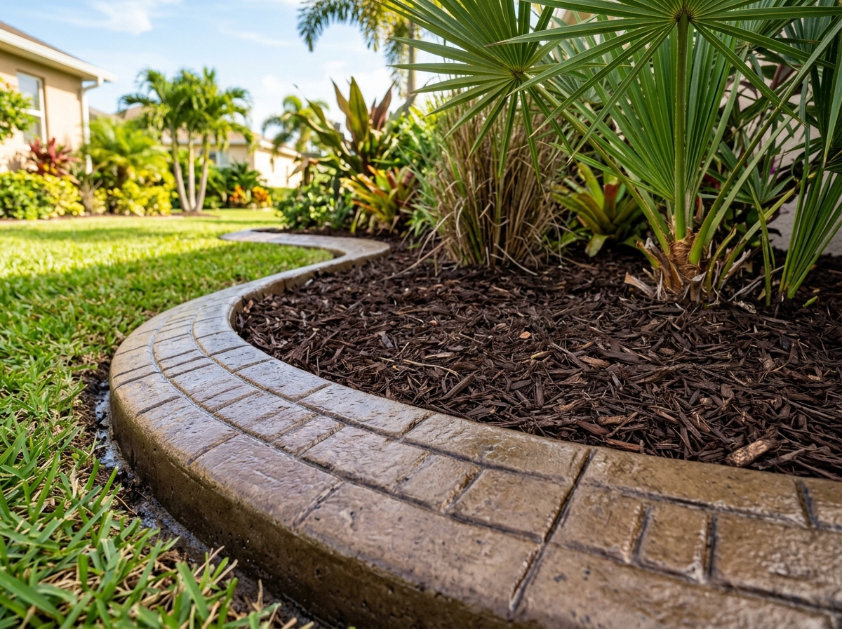 Stamped concrete landscape curbing along a mulched garden bed