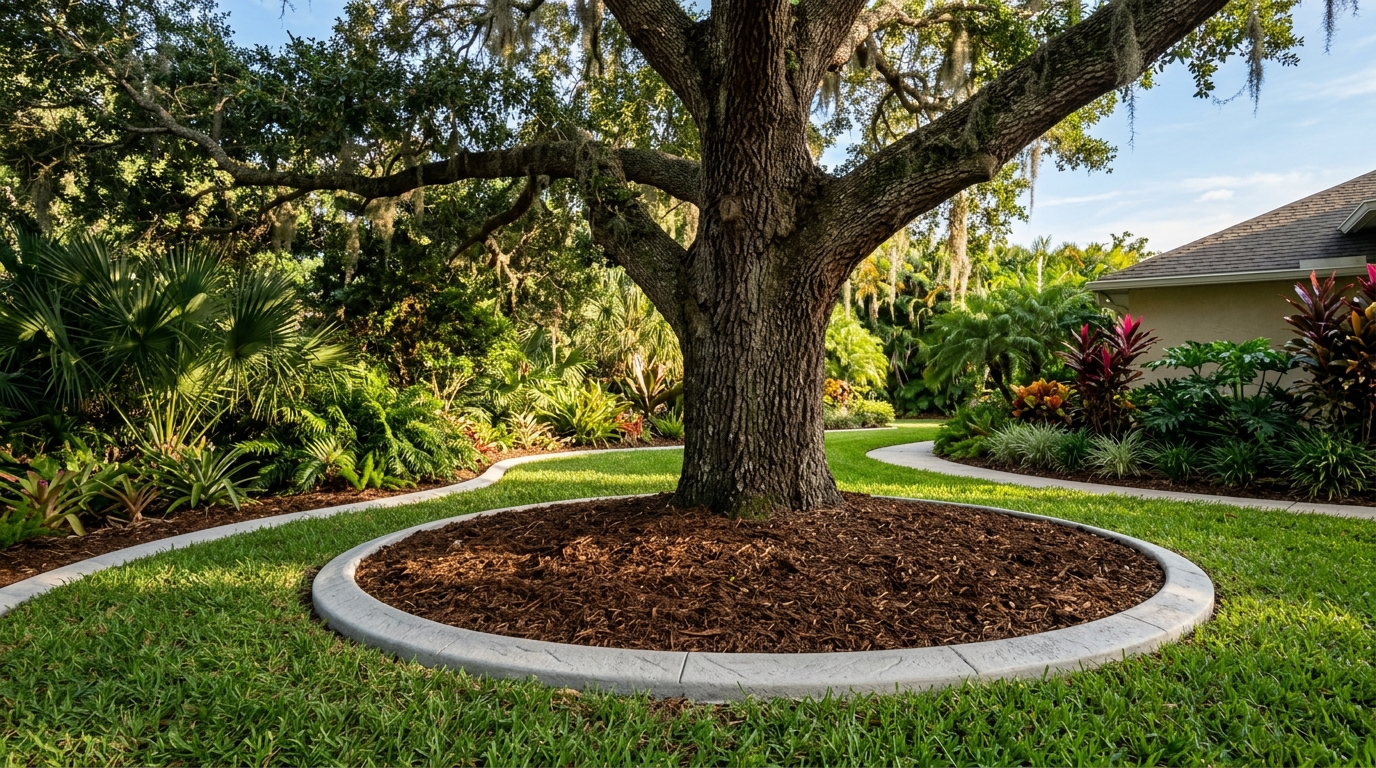 Concrete tree rings and garden border curbing around a large oak tree in a Florida landscape